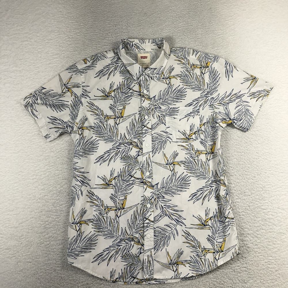 Levi's Men's White Tropical Leaf Print Short Sleeve Button Down Shirt Large